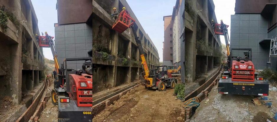 aerial work platform-Chinese multi-purpose 4x4 forklift, working at heights on a construction site