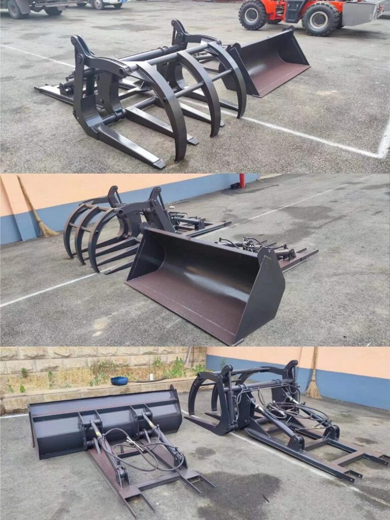 Rough terrain forklift attachments, quick-change manipulators and buckets