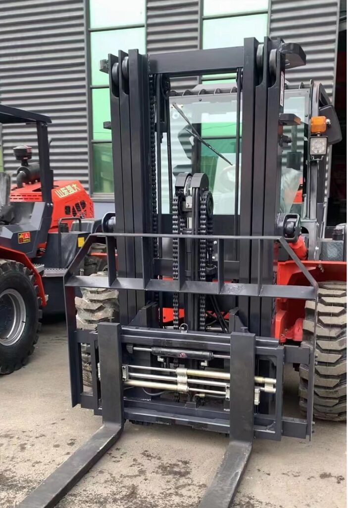 Small rough terrain forklift attachments - hydraulically fork positioner and sideshifters
