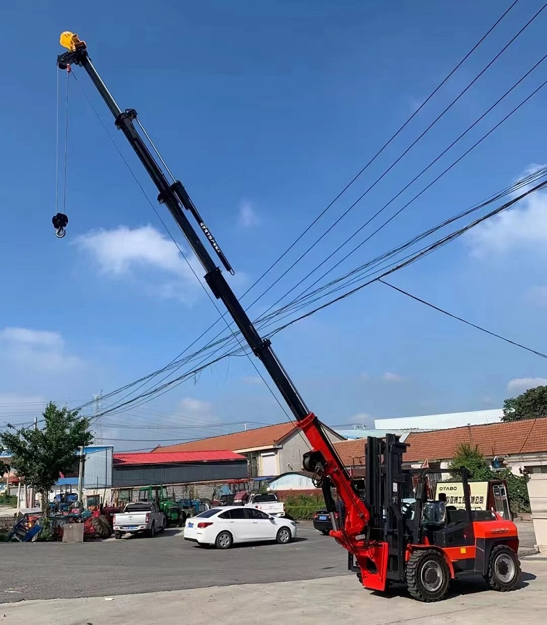 A photo of a red 3.5-ton 4WD off-road forklift with a black and red long telescopic boom that extends over the sky.