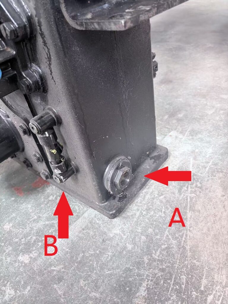 Gearbox drain port A and oil level gauge B position, gearbox oil change guide for Landtiger Pioneer 4WD off-road forklift