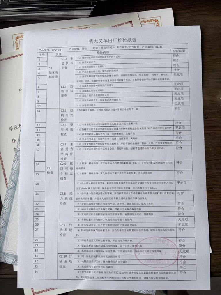 Rough terrain forklift factory inspection report